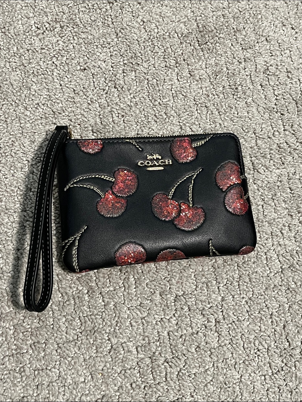 COACH Black Wristlet with Red Cherry Print